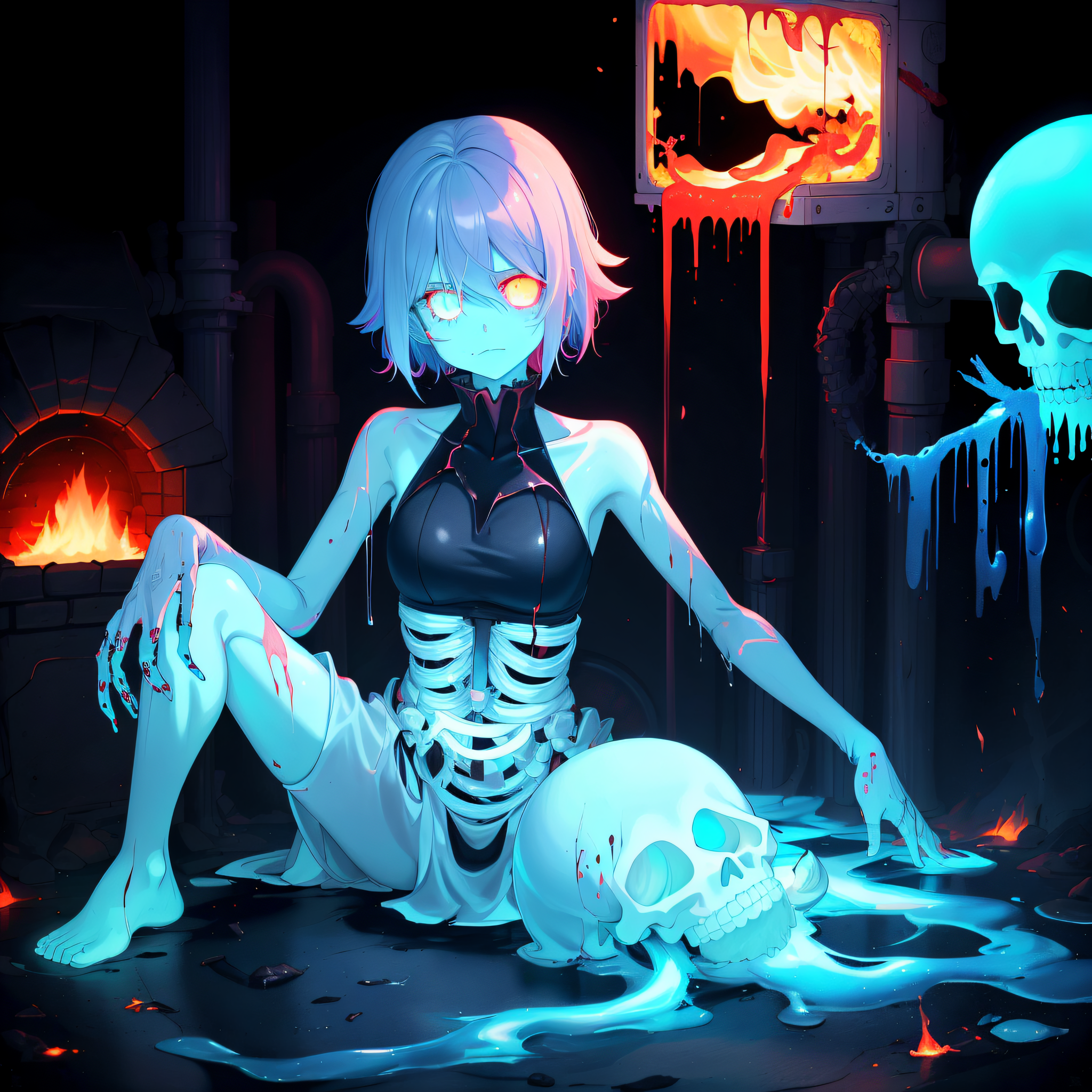 AI generated: Deliberate prompt: ecto ,1girl, fire, Blood_Skelter,pink blood, glowi (Deliberate - Concept Art)