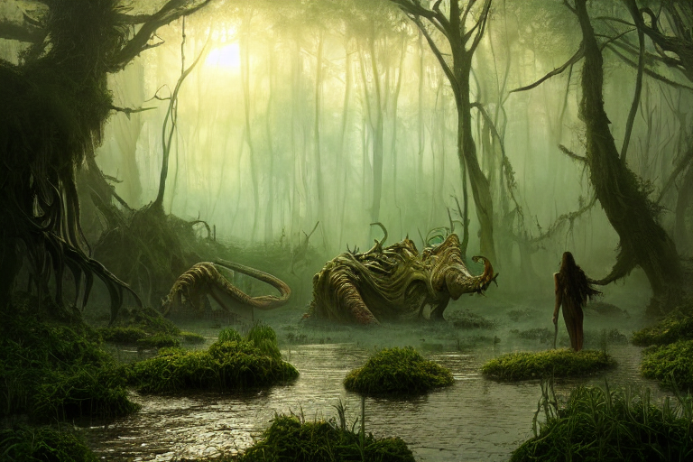 Stable Diffusion prompt: colossal beasts walk through a s...