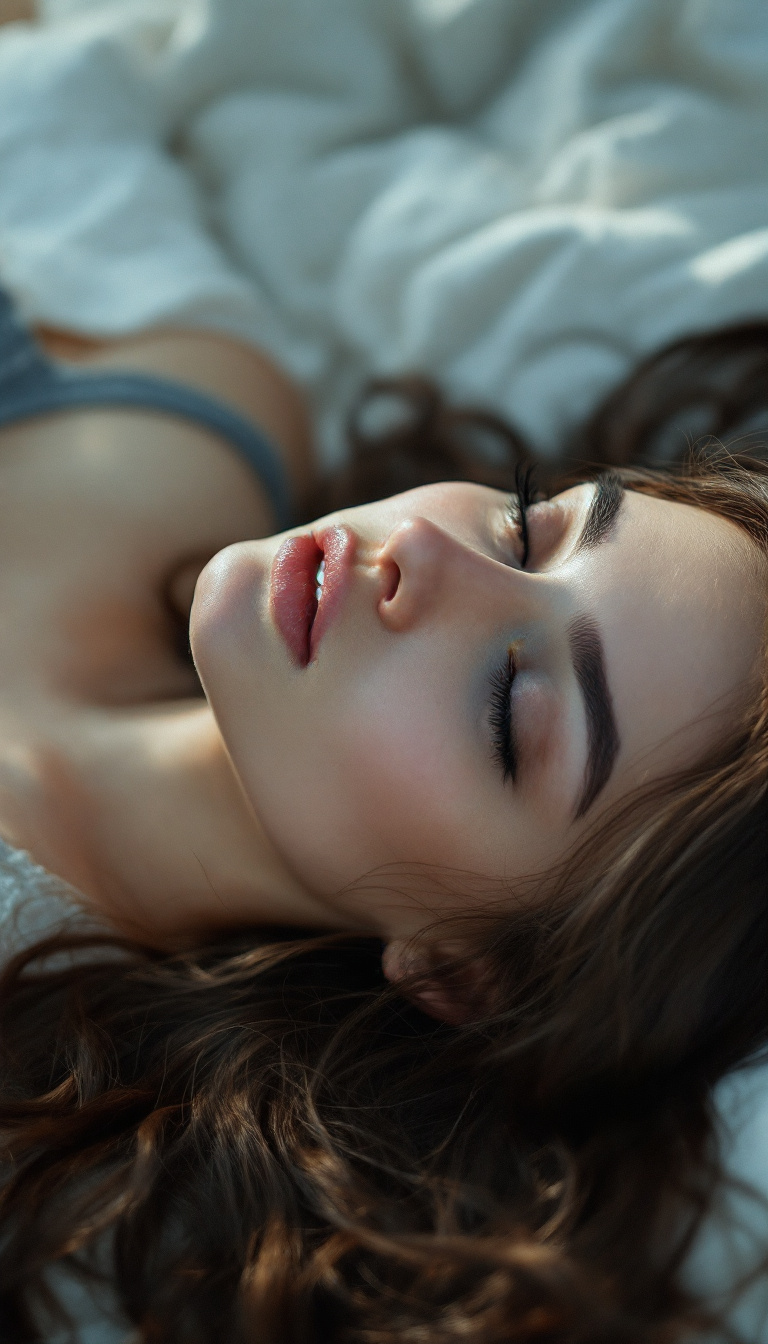 AI generated: FLUX prompt: a woman with long hair laying in bed, in the style... (FLUX - Portraits)