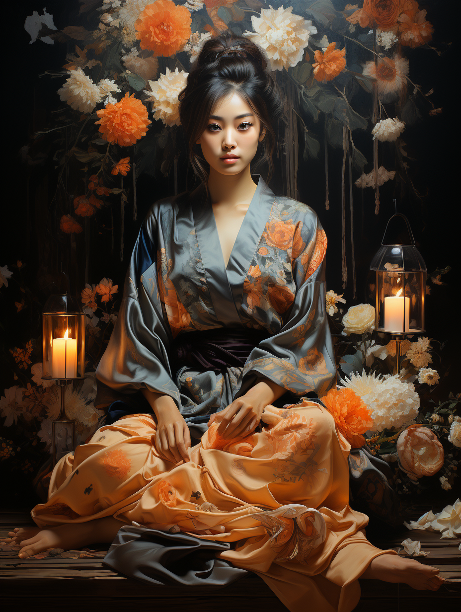 AI generated: Midjourney prompt: a woman wearing kimono is sitting near two candles... (Midjourney - Portraits)