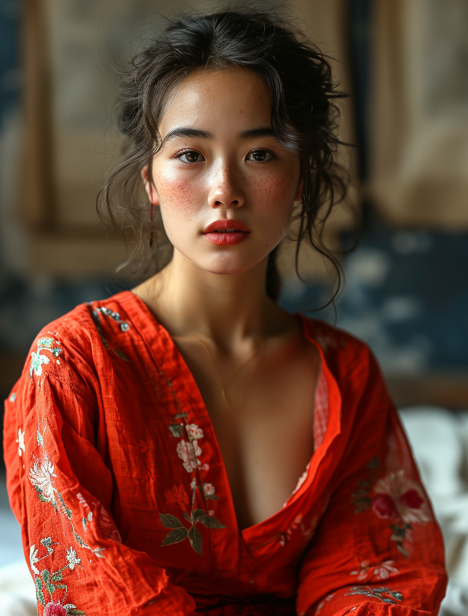 Midjourney prompt: a woman sitting on a bed wearing a red shirt and t... - Midjourney