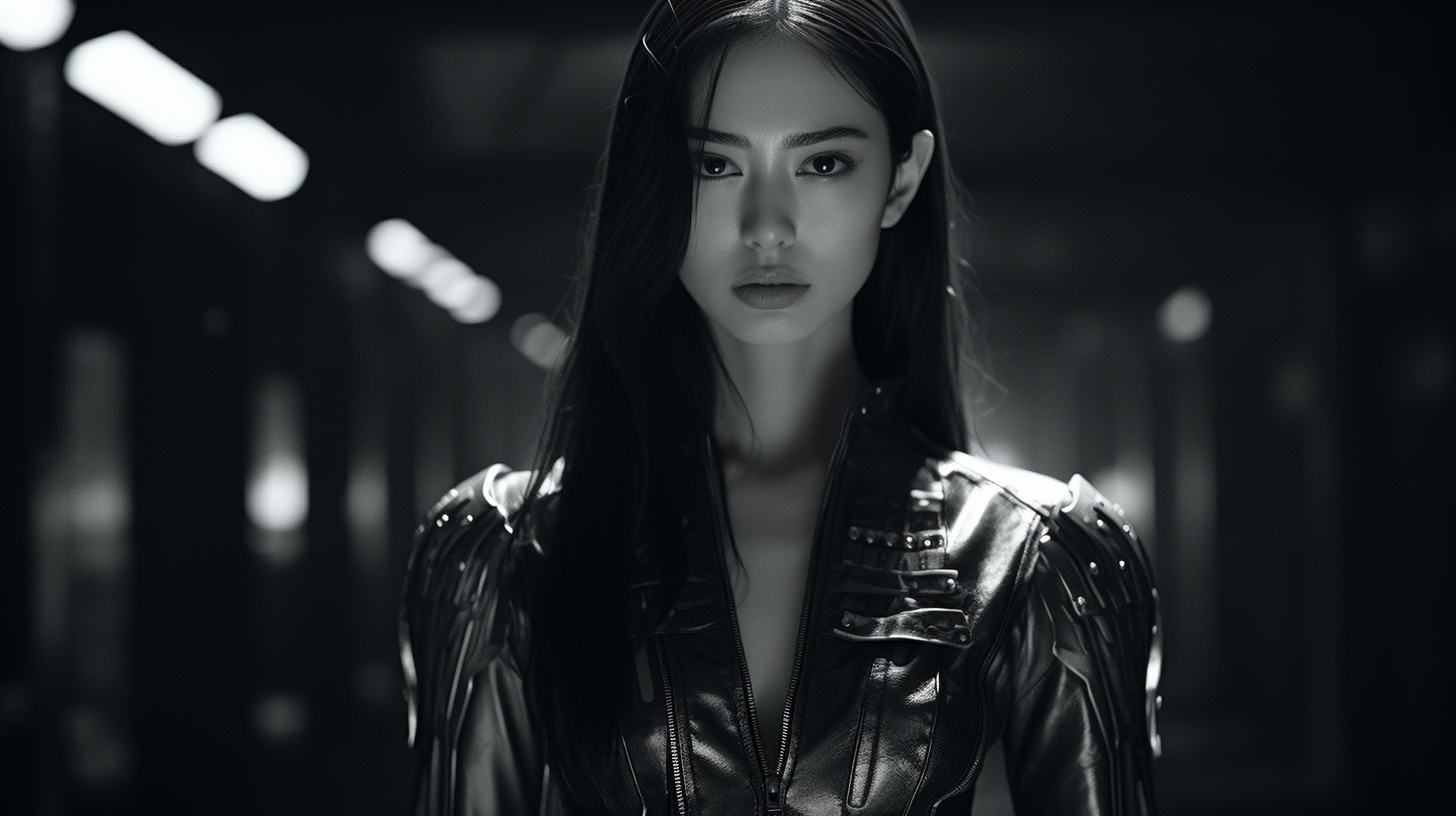 Midjourney prompt: Angelababy smiling as a cyberpunk cage fighter, 16... - Midjourney