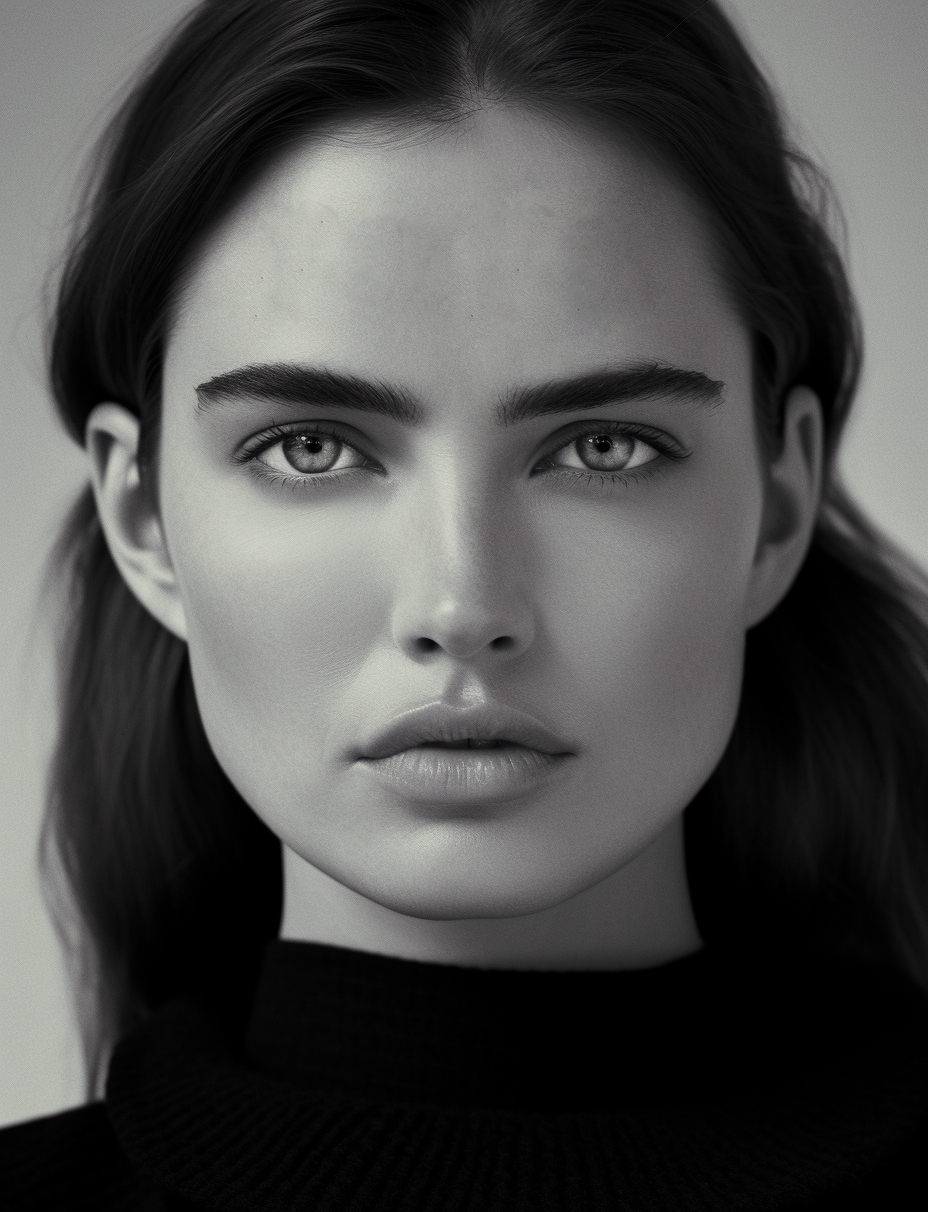 AI generated: Midjourney prompt: a black and white photo of a woman with her hand o... (Midjourney - Fashion)