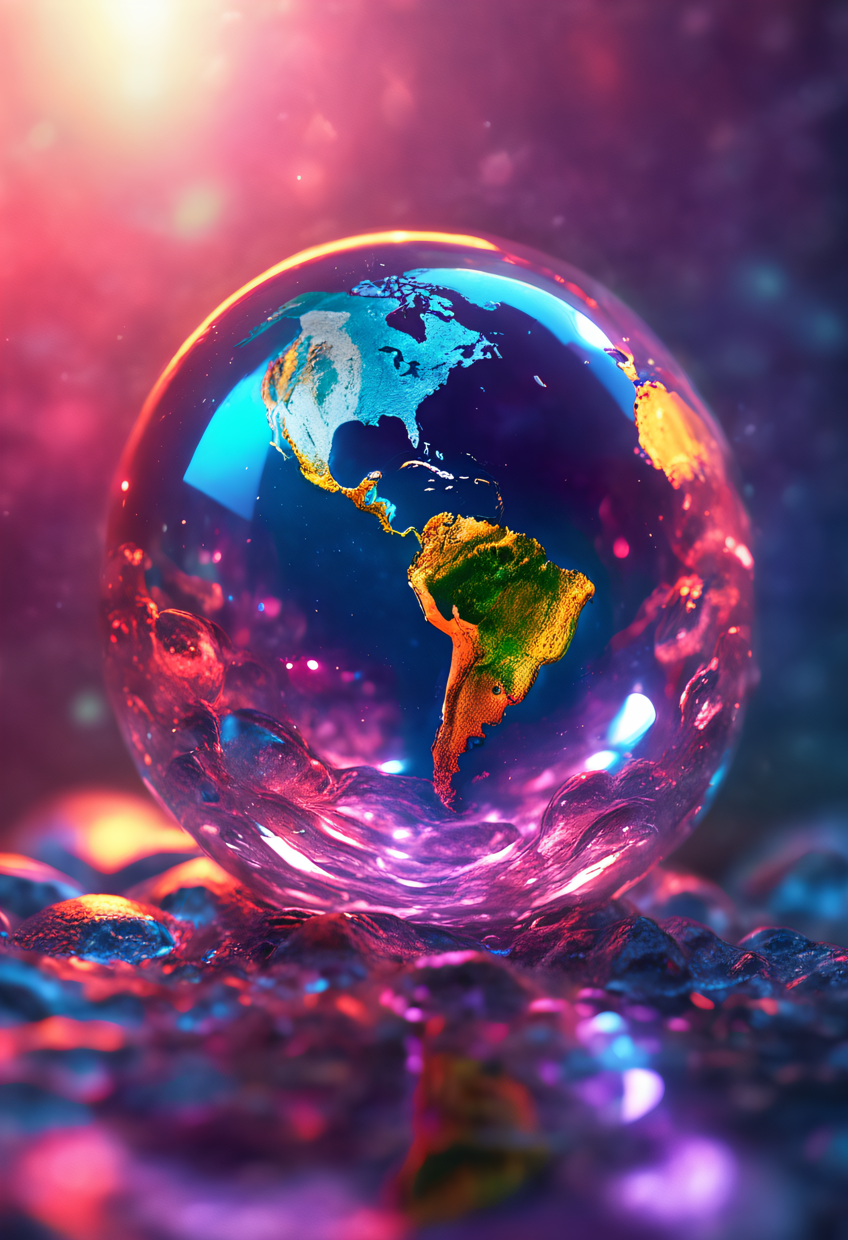 صورة مولدة بالذكاء الاصطناعي: Stable Diffusion prompt: Earth captured within a shimmering water droplet, ... (نموذج Stable Diffusion - تصوير فوتوغرافي)