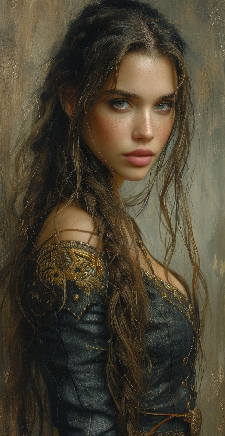 AI generated: Midjourney prompt: a woman's portrait with long hair and chainmail ar... (Midjourney - Portraits)