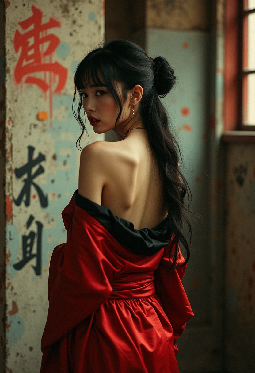 AI generated: FLUX prompt: An alluring Asian woman in a red and black kimono,... (FLUX - Photography)