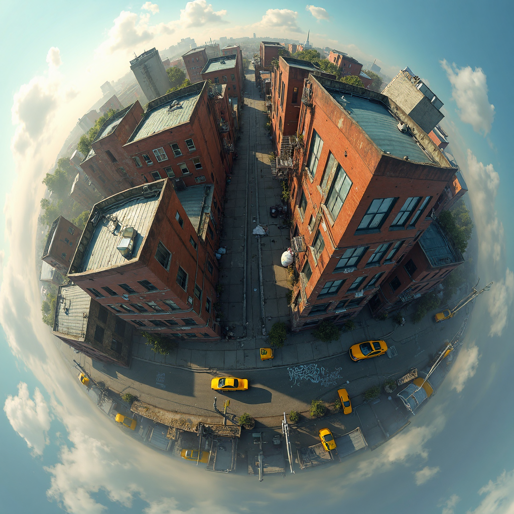 AI generated: FLUX prompt: A floating microplanet shows a crowded urban neigh... (FLUX - Concept Art)