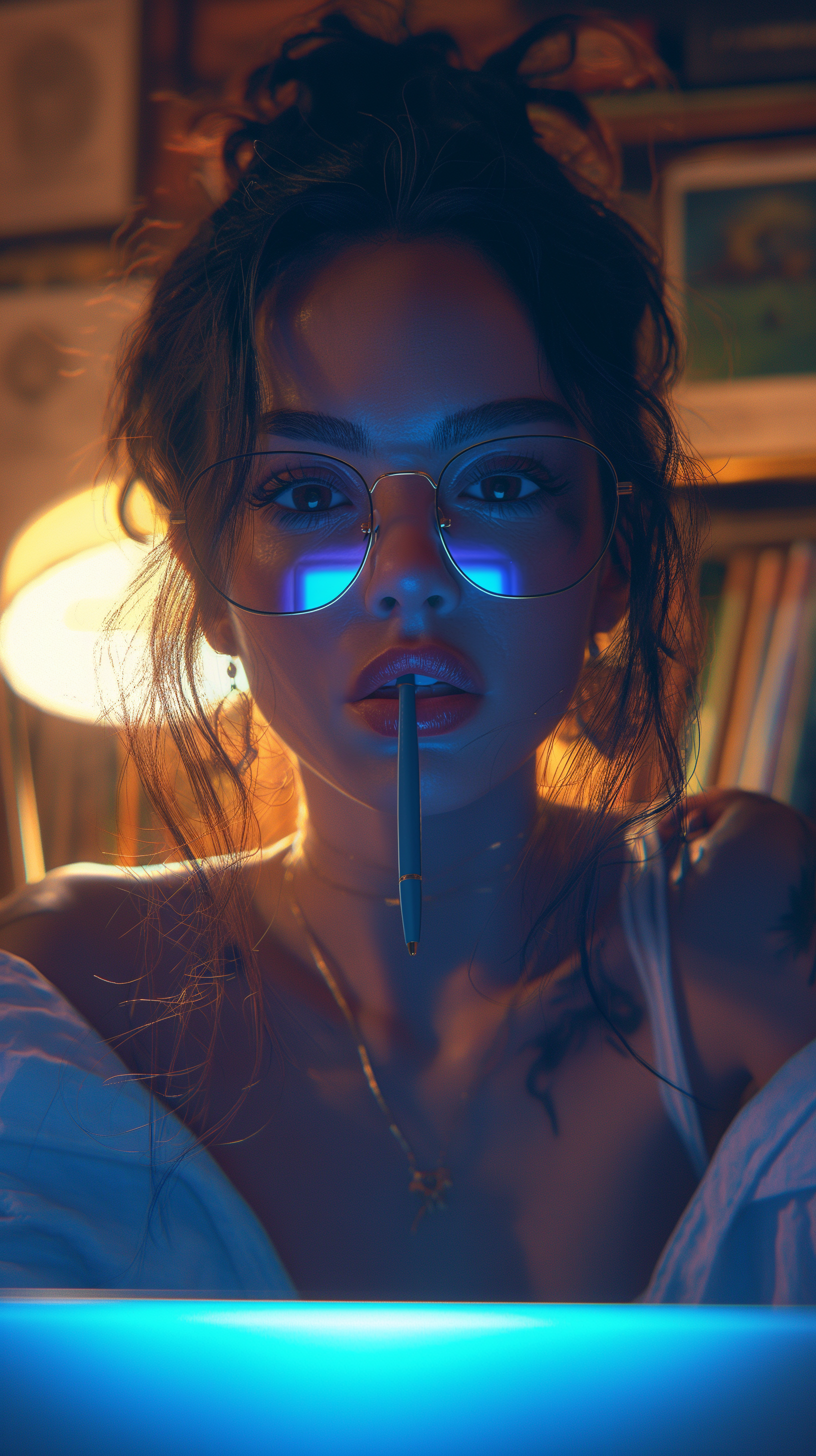 صورة مولدة بالذكاء الاصطناعي: أمر Midjourney: تصوير فوتوغرافي، عفوي، امرأة، نظارات سوداء جريئة، ت... (نموذج Midjourney - صور شخصية)