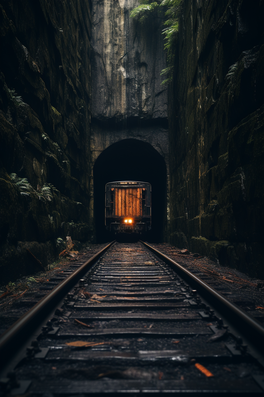 AI generated: Midjourney prompt: a wooden board is hanging out of the tunnel where ... (Midjourney - Landscapes)