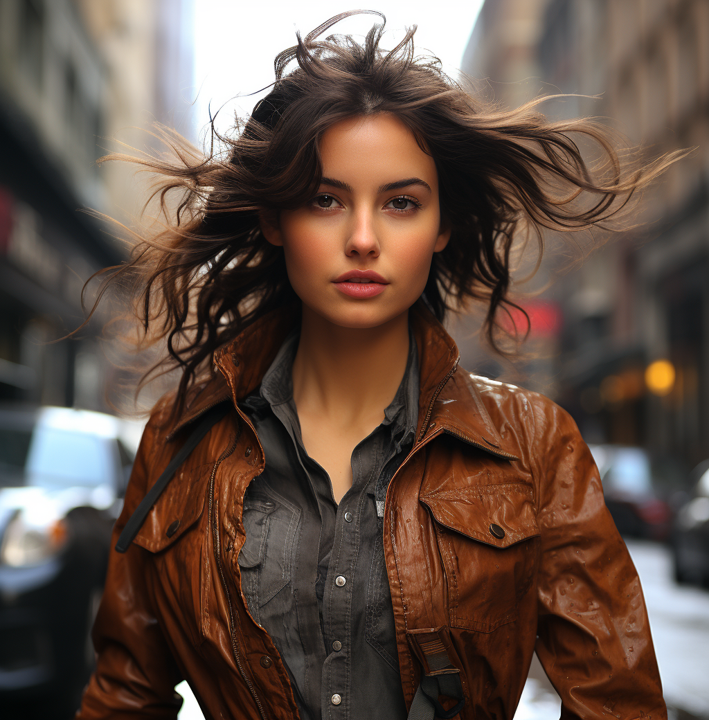 Midjourney prompt: a young woman walking along the street wearing a b... - Midjourney