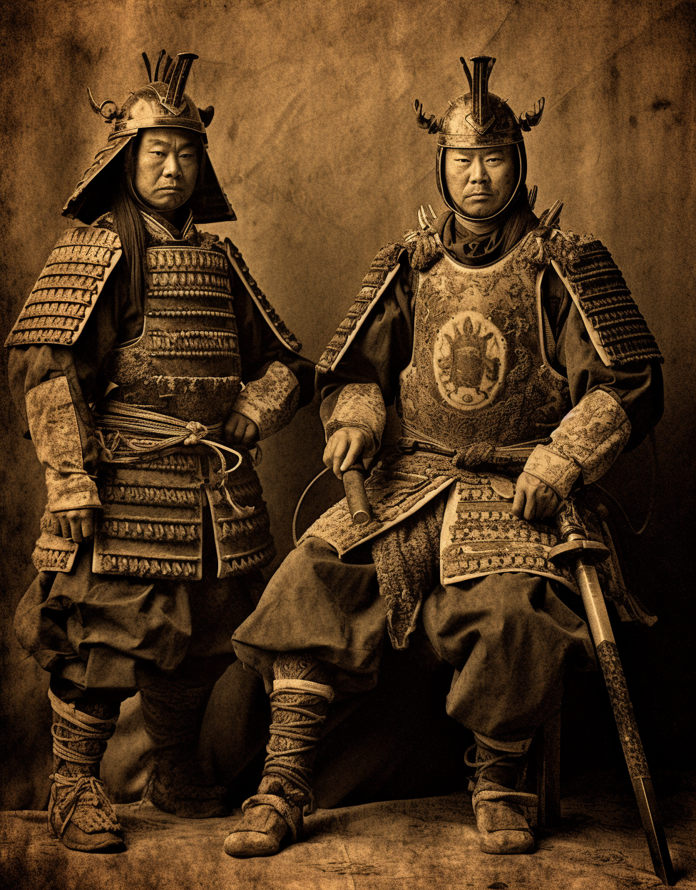 AI generated: Midjourney prompt: two samurai in armor stand in a black and white pi... (Midjourney - Photography)
