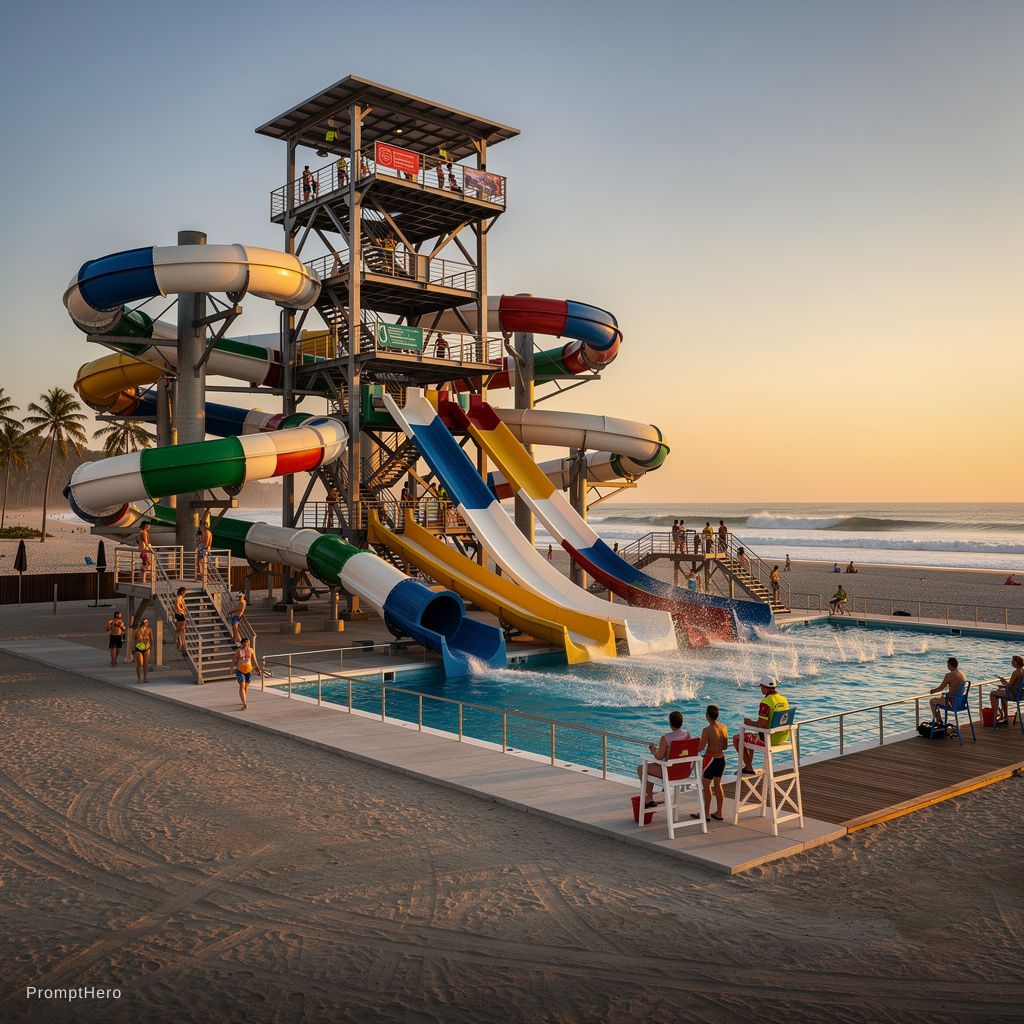 Hero prompt: A large realistic water slide park built dir...