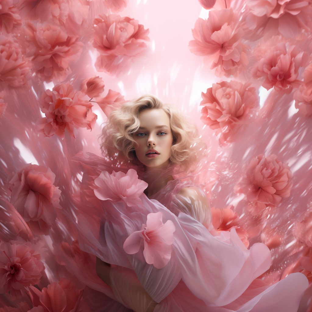 Midjourney prompt: Photo of a beautiful blondy girl in a pink dress p... - Midjourney