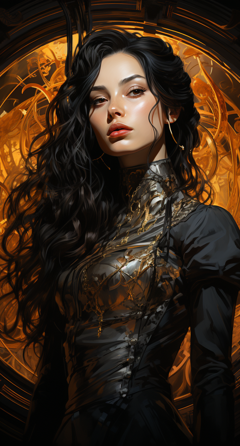 AI generated: Midjourney prompt: an odd woman with long black hair posing with a go... (Midjourney - Portraits)