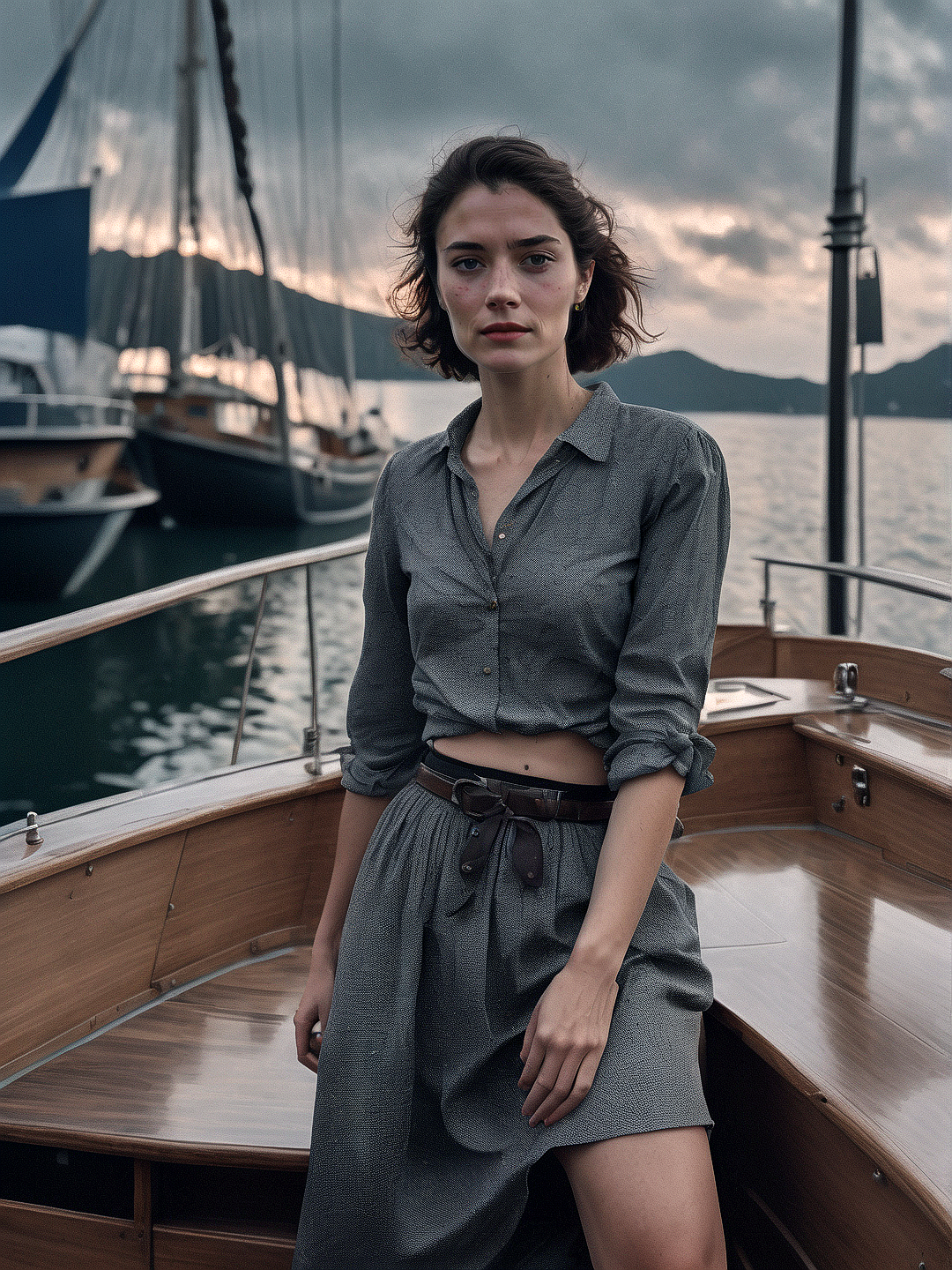 صورة مولدة بالذكاء الاصطناعي: Stable Diffusion prompt: The image features a woman standing on a boat, wea... (نموذج Stable Diffusion - تصوير فوتوغرافي)