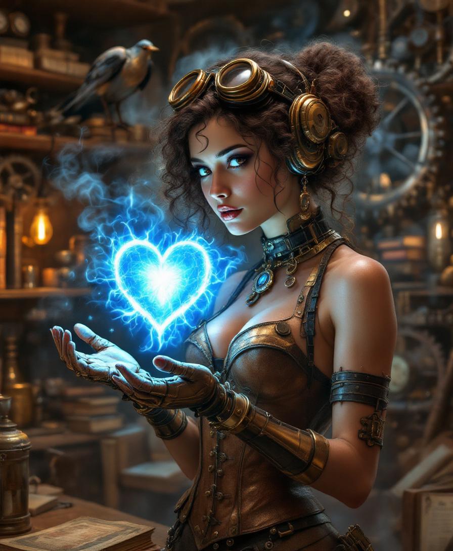 AI generated: FLUX prompt: A young steampunk inventor in her gear-filled work... (FLUX - Animals & Nature)