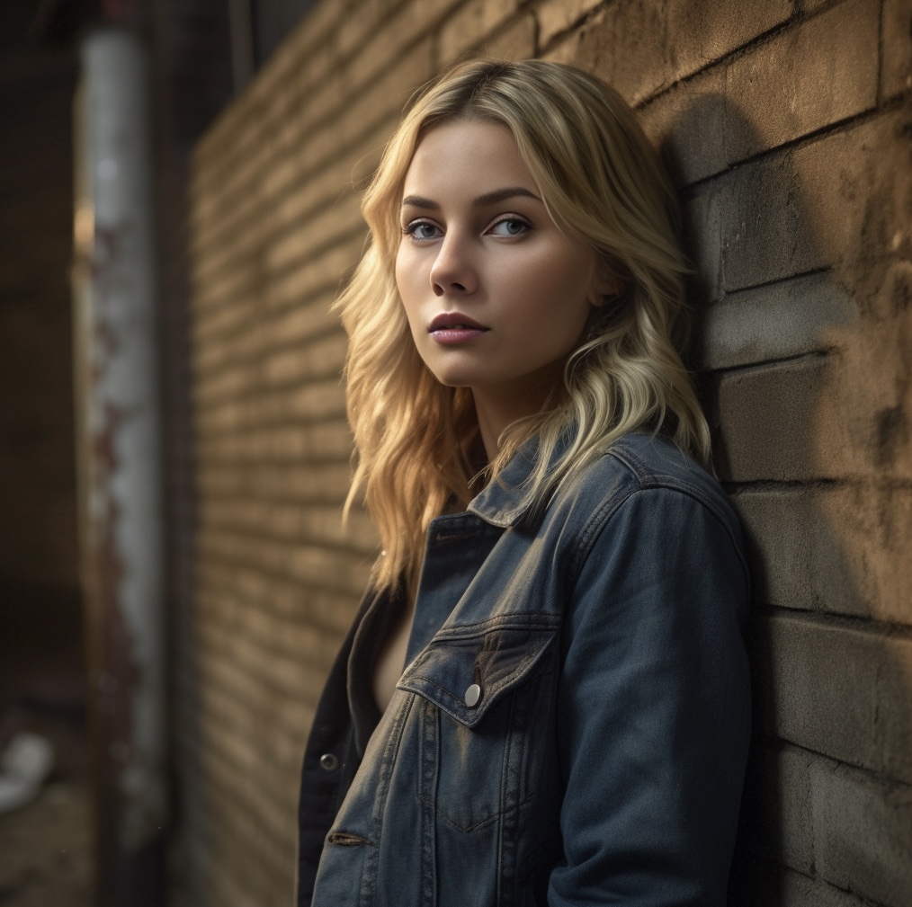 Midjourney prompt: A beautiful blonde girl leaning against a wall in ... - Midjourney