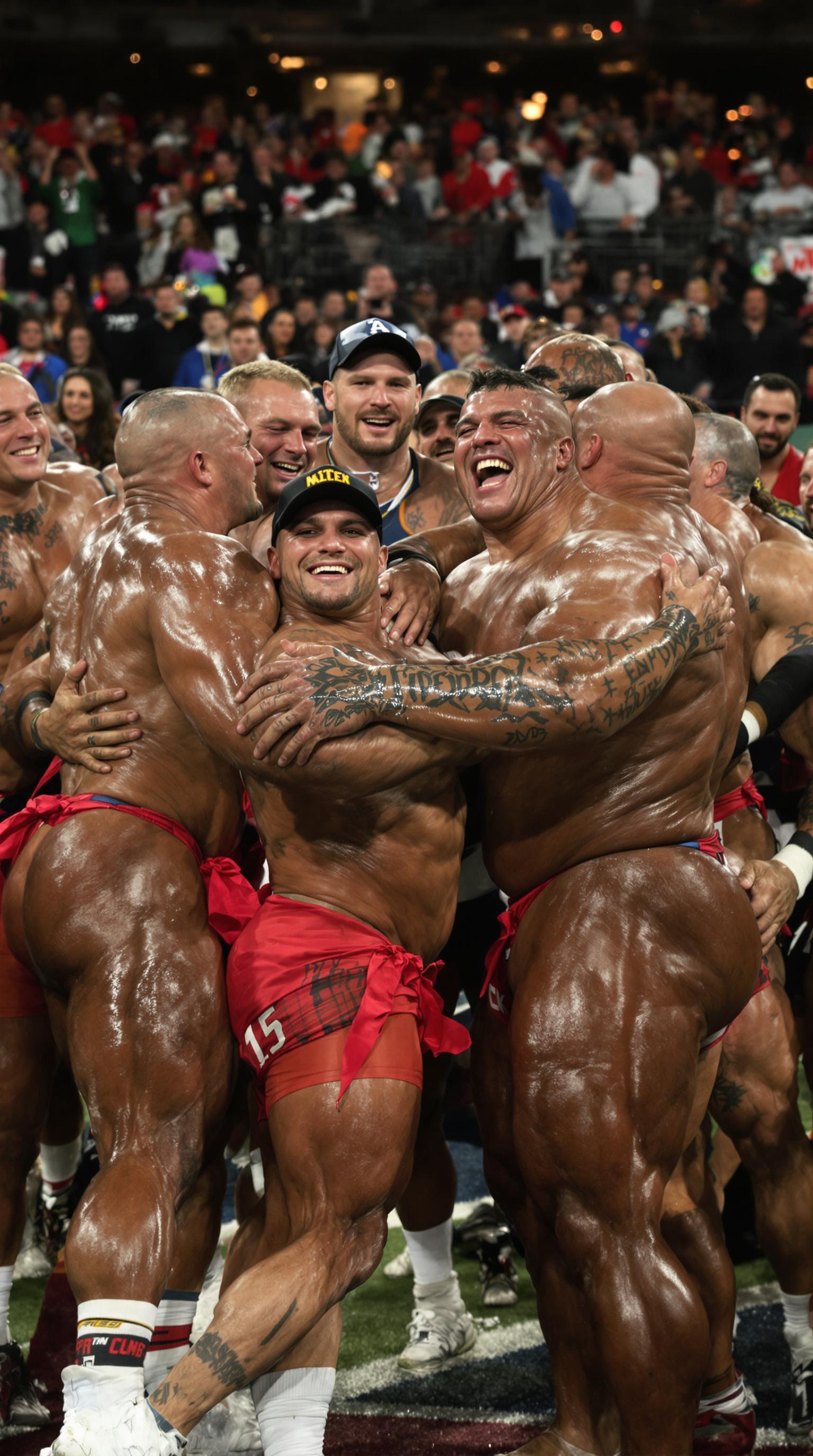 Bodybuilders Team FLUX prompt: A team of super-heavyweight bodybuilders cel...