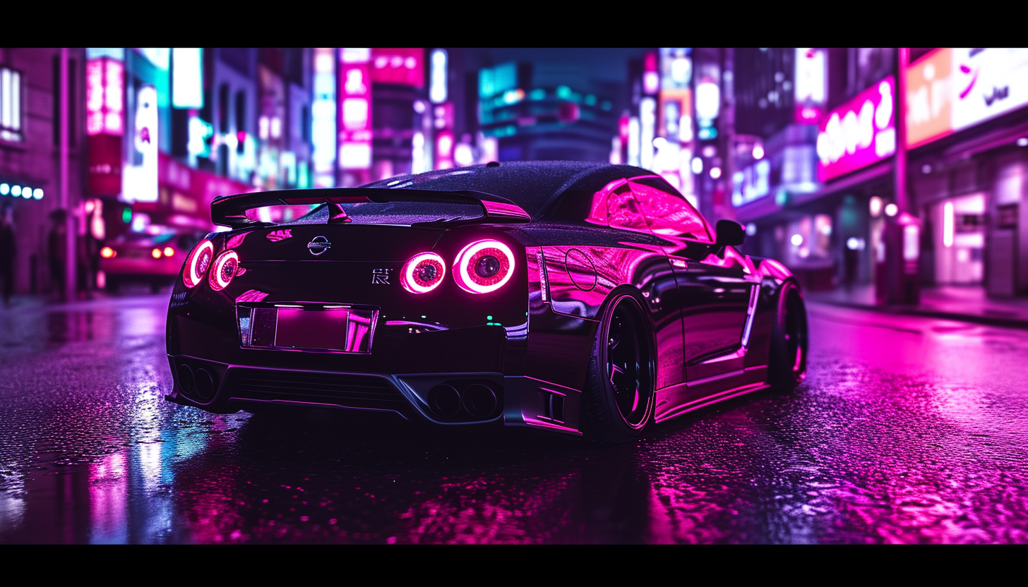 Midjourney prompt: dark purple nissan skyline gtr in a neon city at n... - Midjourney