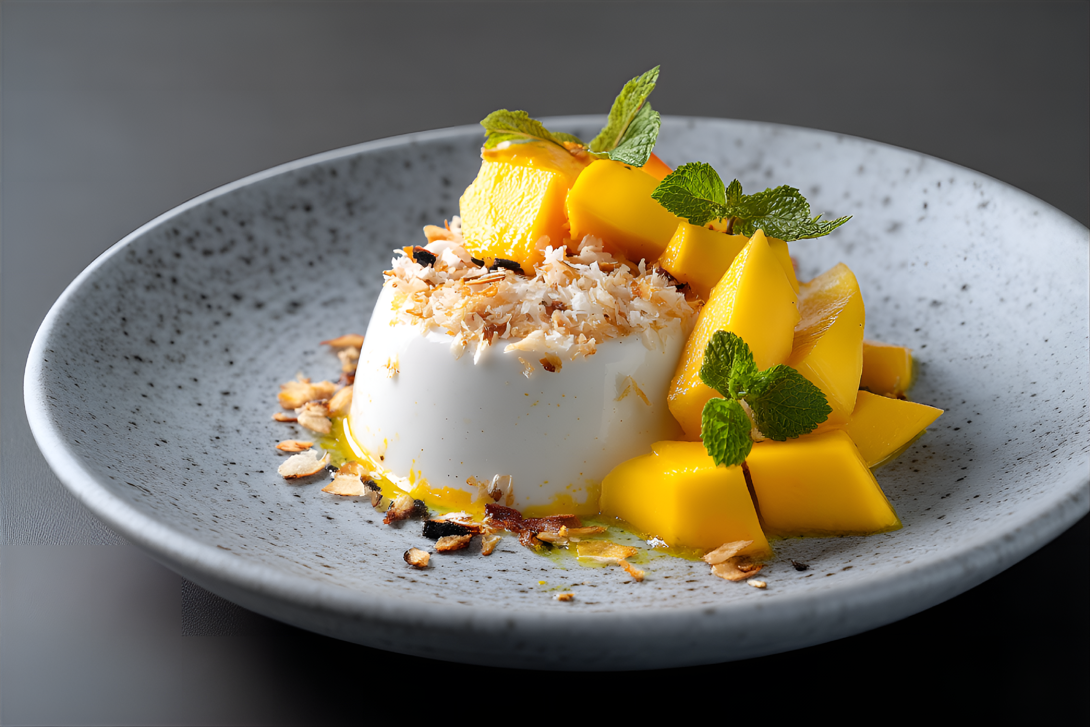 AI generated: Midjourney prompt: top-view capture of an exquisite mango and coconut... (Midjourney - Concept Art)