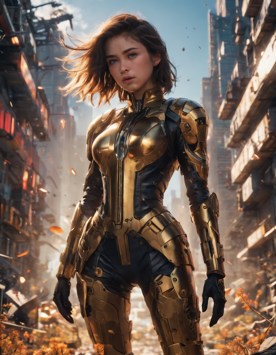AI generated: Stable Diffusion prompt: Young girl in cyberpunk golden armor, Soviet poste... (Stable Diffusion - Concept Art)