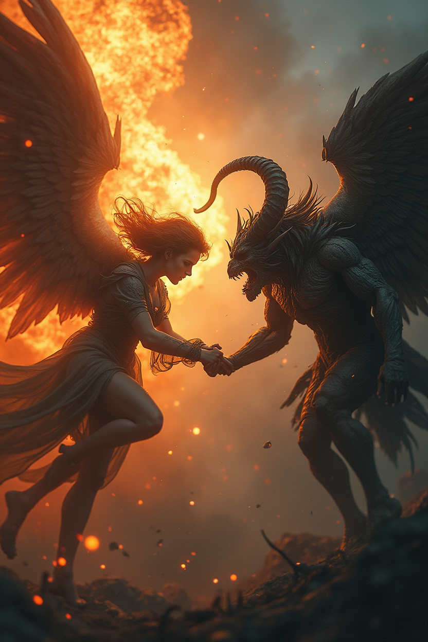AI generated: FLUX prompt: conflict scenes between an angel and a demon,in a ... (FLUX - Portraits)