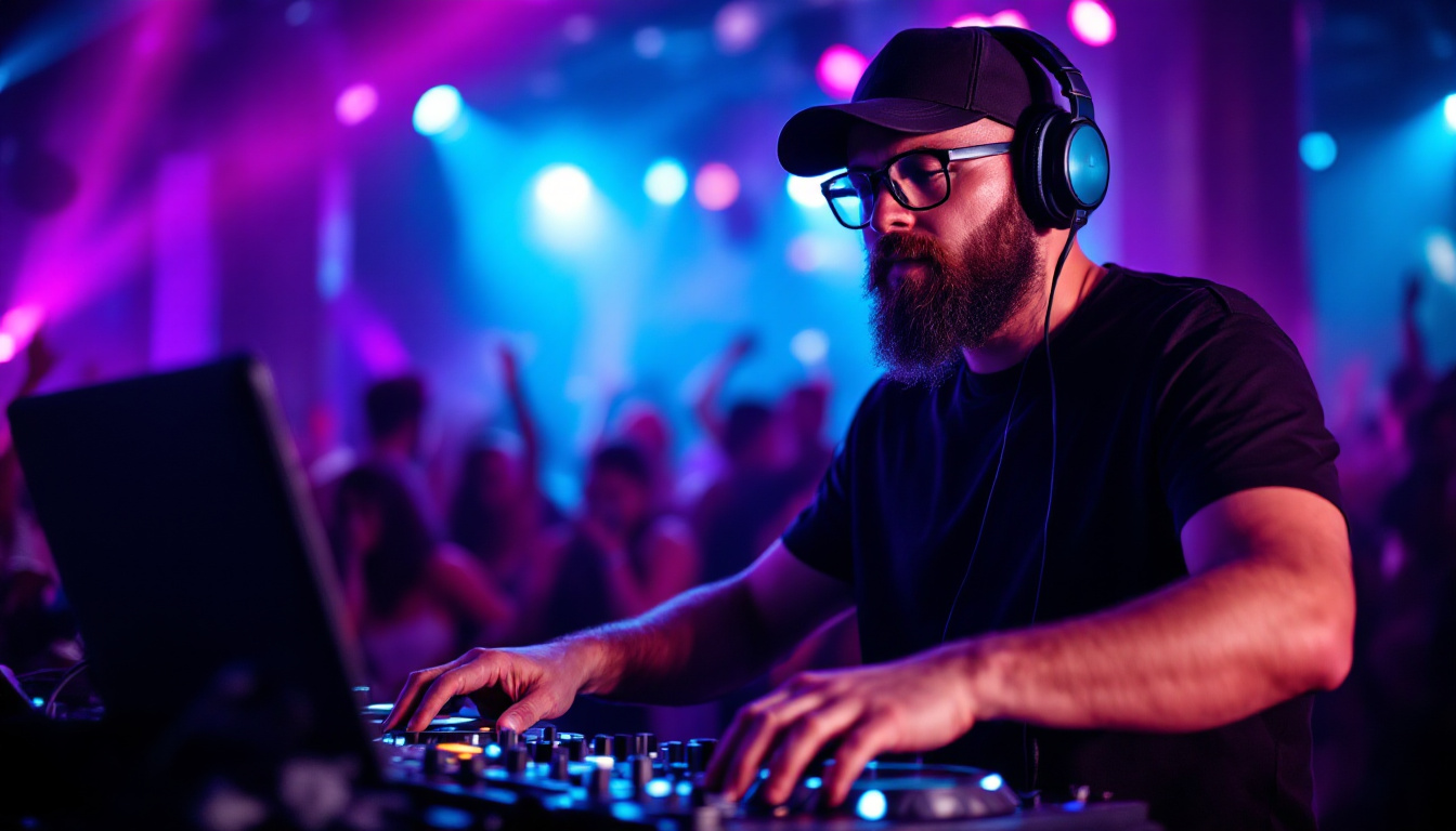 FLUX prompt: A DJ with a beard and glasses wearing a baseball c... - FLUX