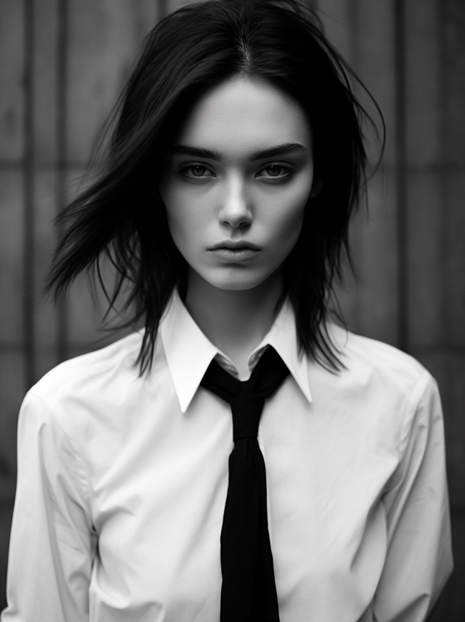 Midjourney prompt: a black and white photo of a woman in a vest, naga... - Midjourney