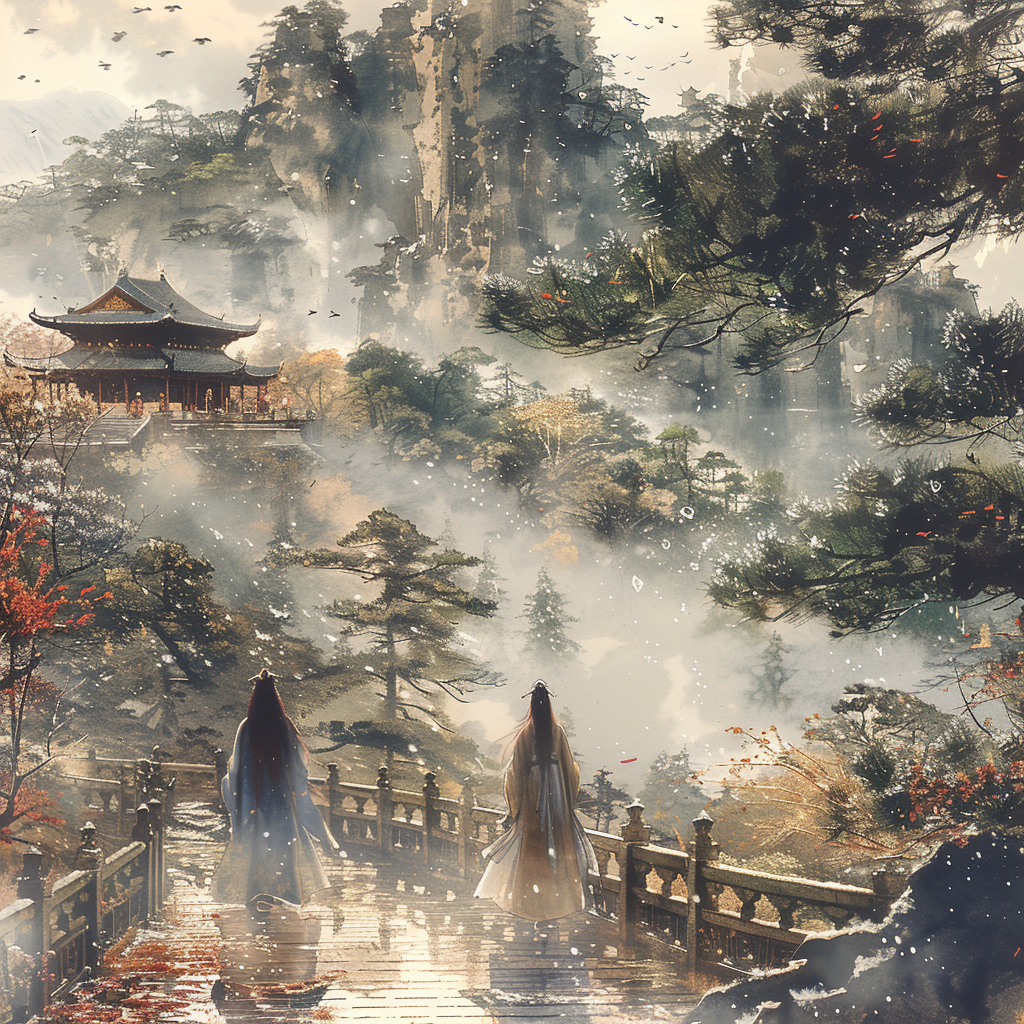 Midjourney prompt: Two women walking in a Chinese garden, wearing Han... - Midjourney