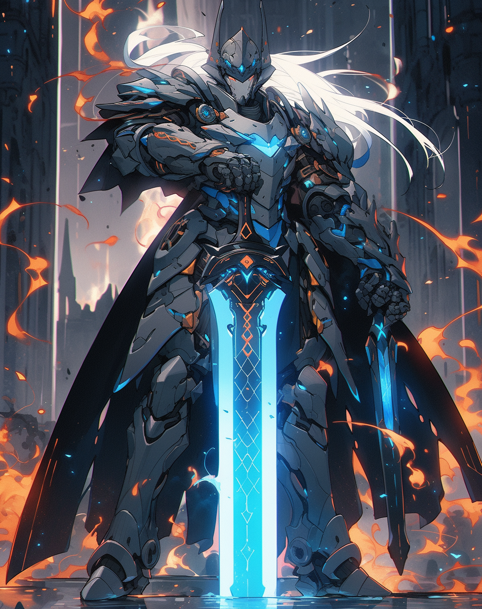 AI generated: Midjourney prompt: a warrior with a sword and a flame, in the style o... (Midjourney - Character Design)
