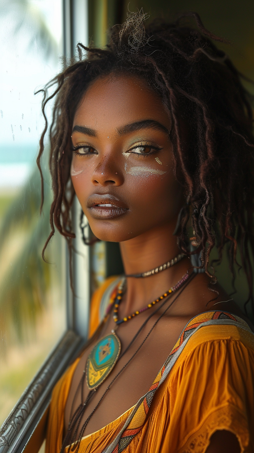 AI generated: Midjourney prompt: A stunning woman, dark skin, mid twenties, model, ... (Midjourney - Photography)