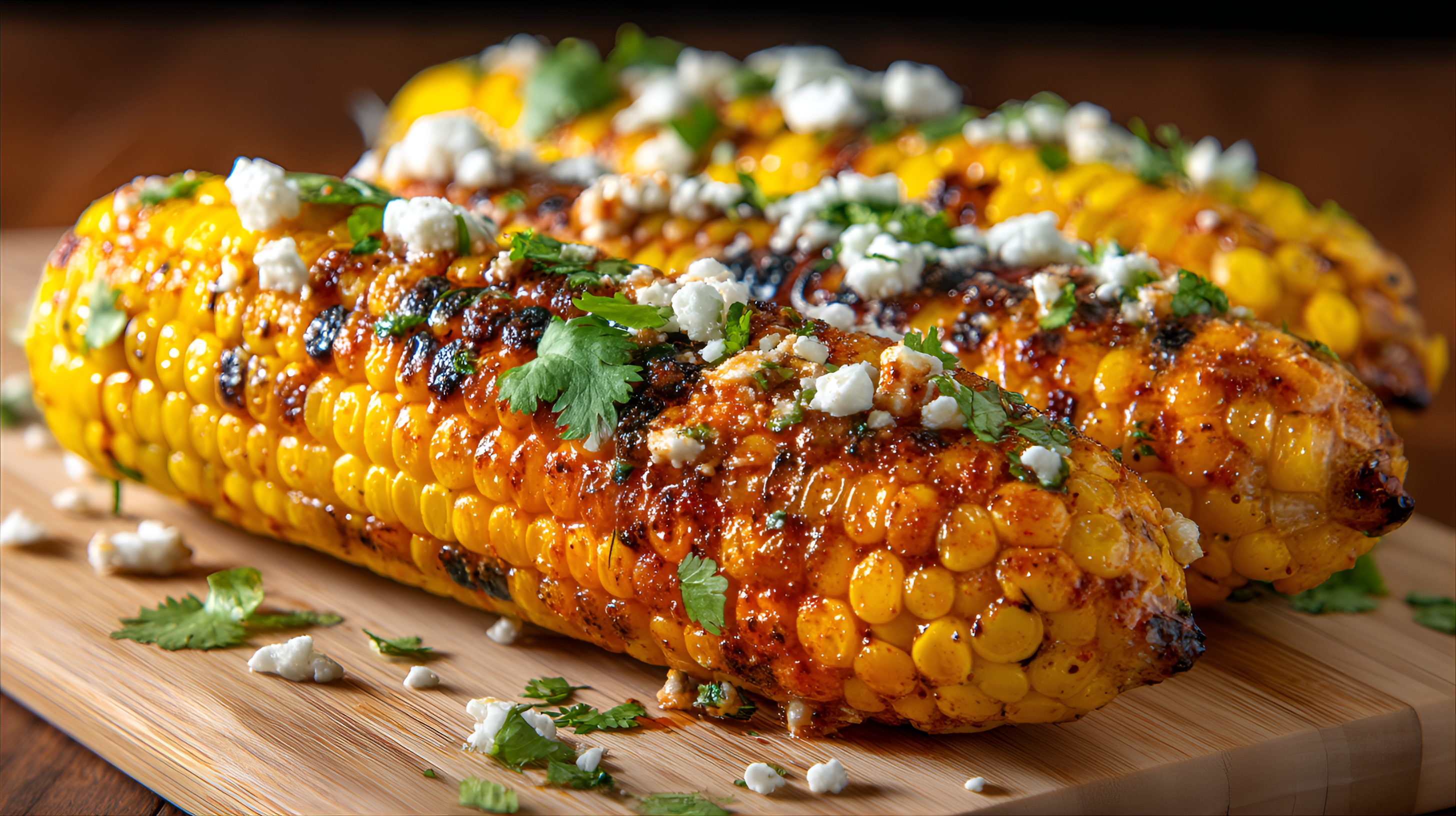 AI generated: Midjourney prompt: several grilled corn on the cob, sprinkled with c... (Midjourney - Concept Art)