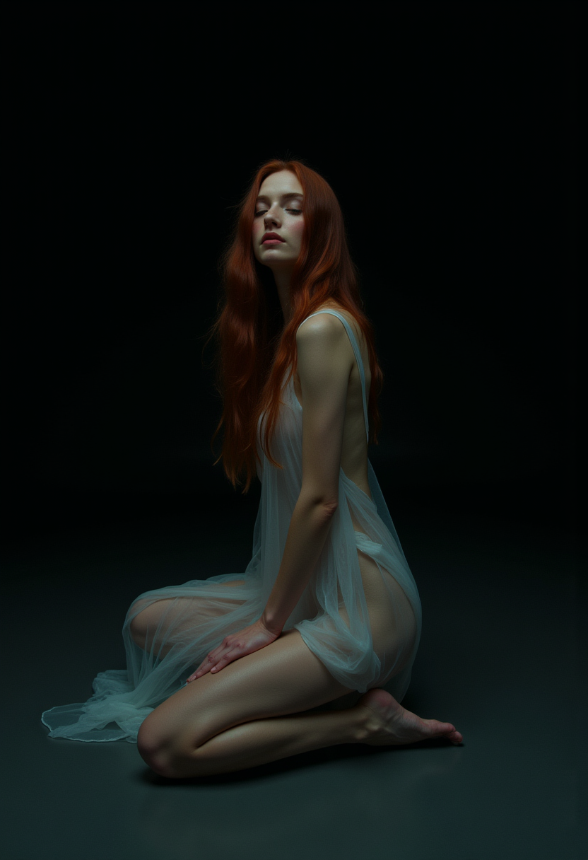 AI generated: FLUX prompt: A young woman with pale, porcelain skin and long, ... (FLUX - Photography)