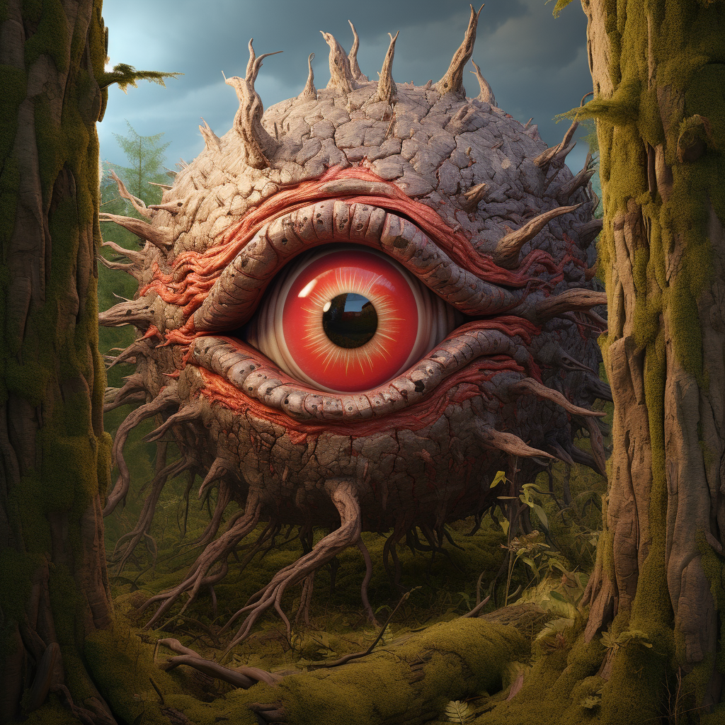 Midjourney prompt: a scary looking wood creature with a red eye, in t... - Midjourney