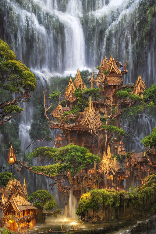 Stable Diffusion prompt: wooden elven City with golden ...