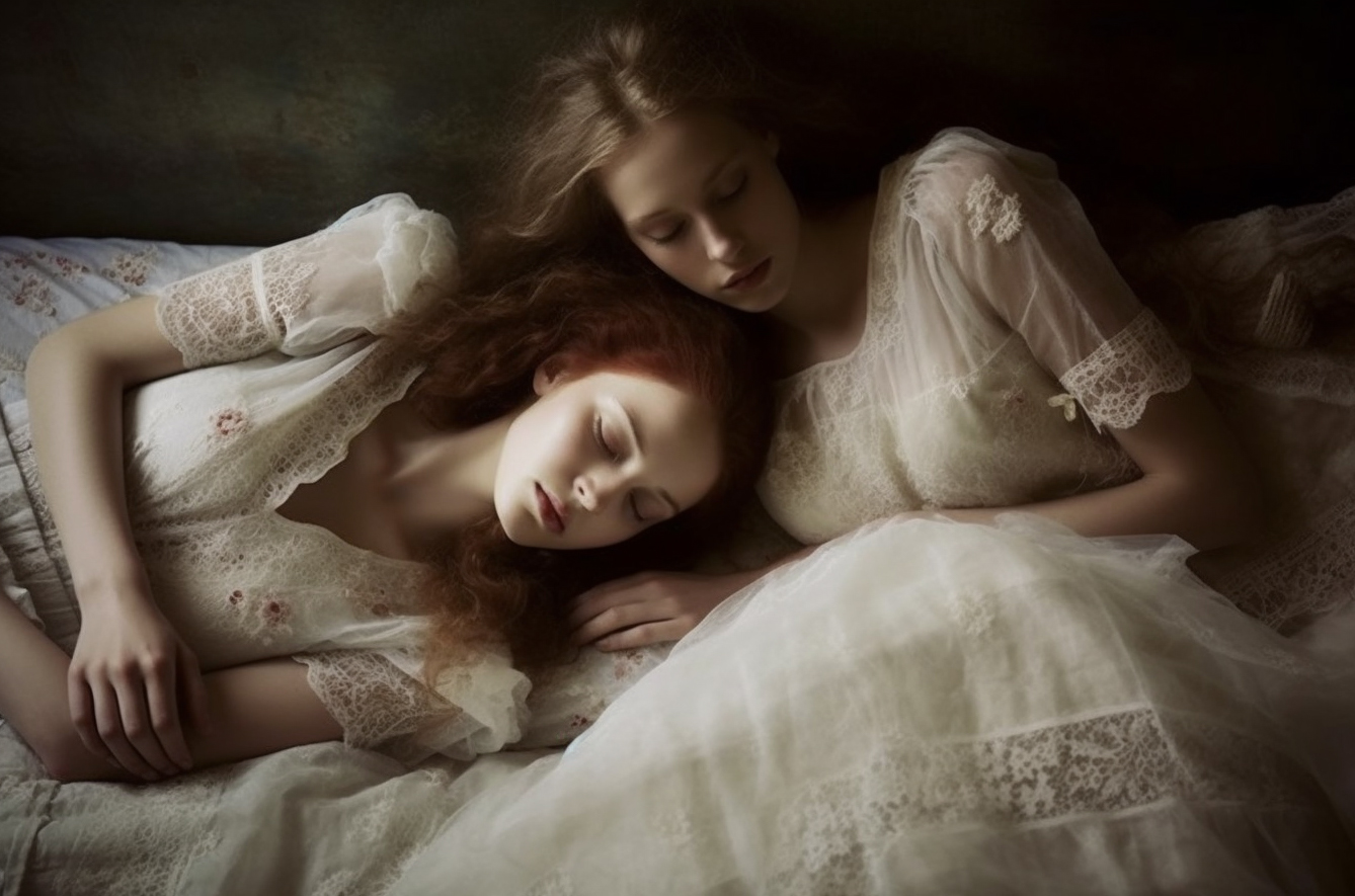 AI generated: Midjourney prompt: a couple of women laying on top of a bed, style of... (Midjourney - Fashion)