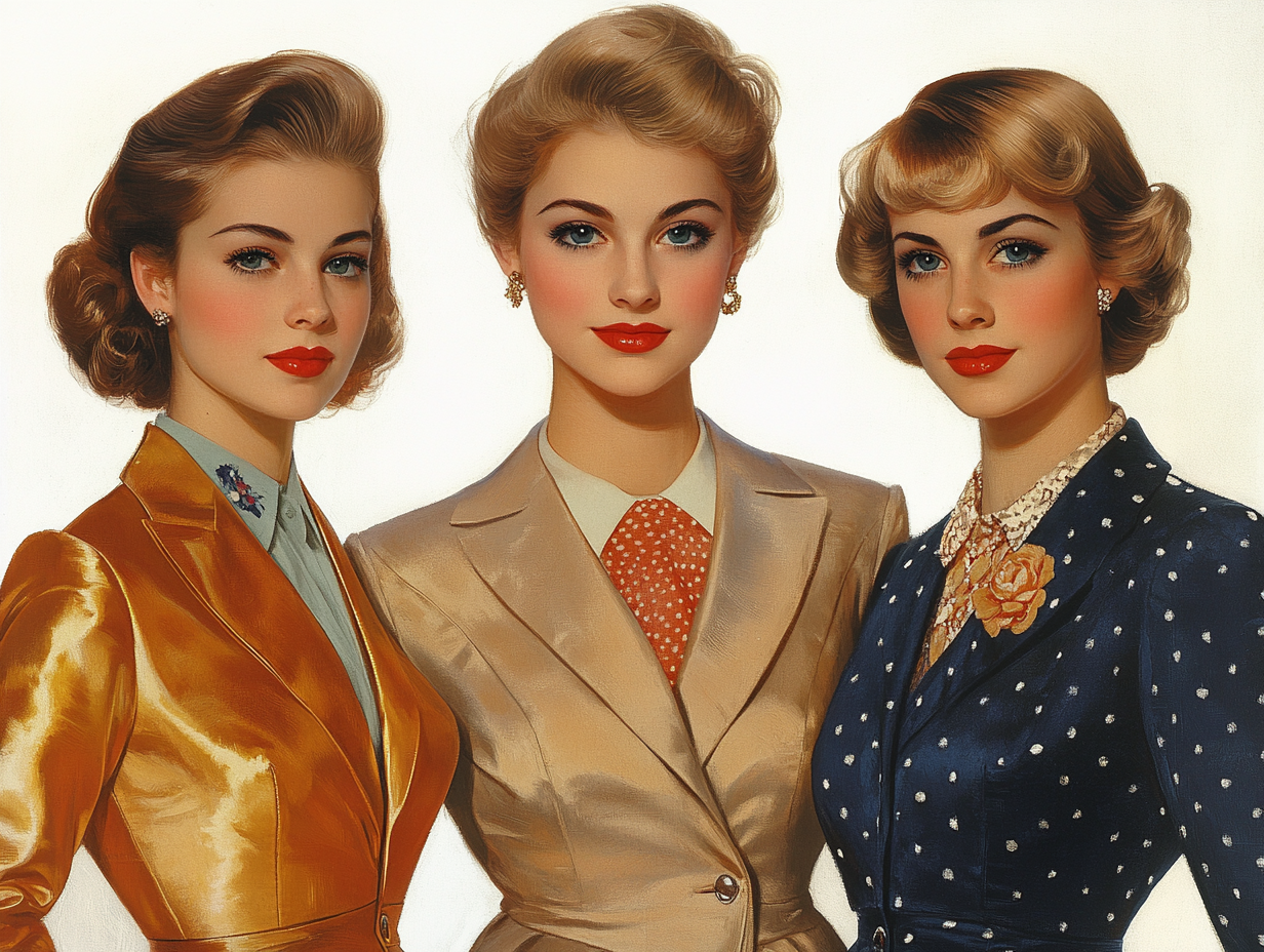 AI generated: Midjourney prompt: A vintage fashion illustration of three women in e... (Midjourney - Fashion)
