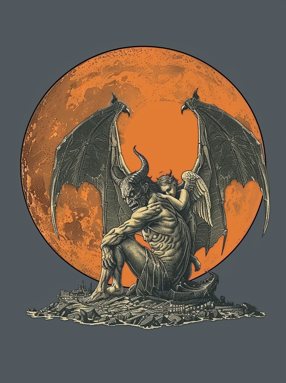 صورة مولدة بالذكاء الاصطناعي: Midjourney prompt: A devil with wings and horns sits on the ground, h... (نموذج Midjourney - Character Design)