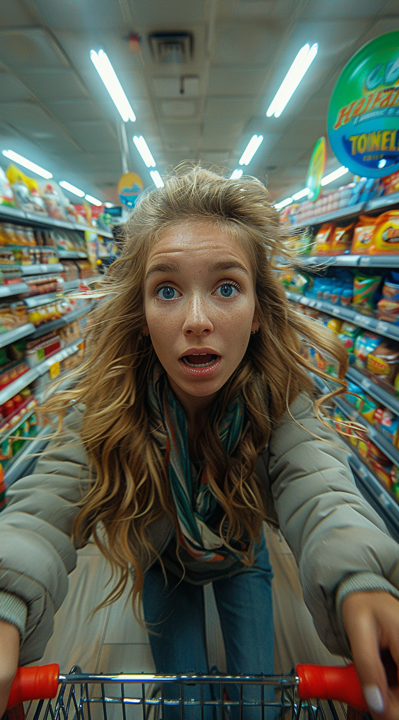 Midjourney prompt: a woman speeding down the aisle of a supermarket, ... - Midjourney