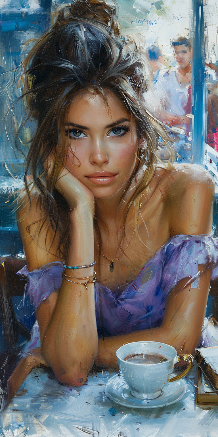 Midjourney prompt: oil painting of a beautiful woman in a purple dres... - Midjourney