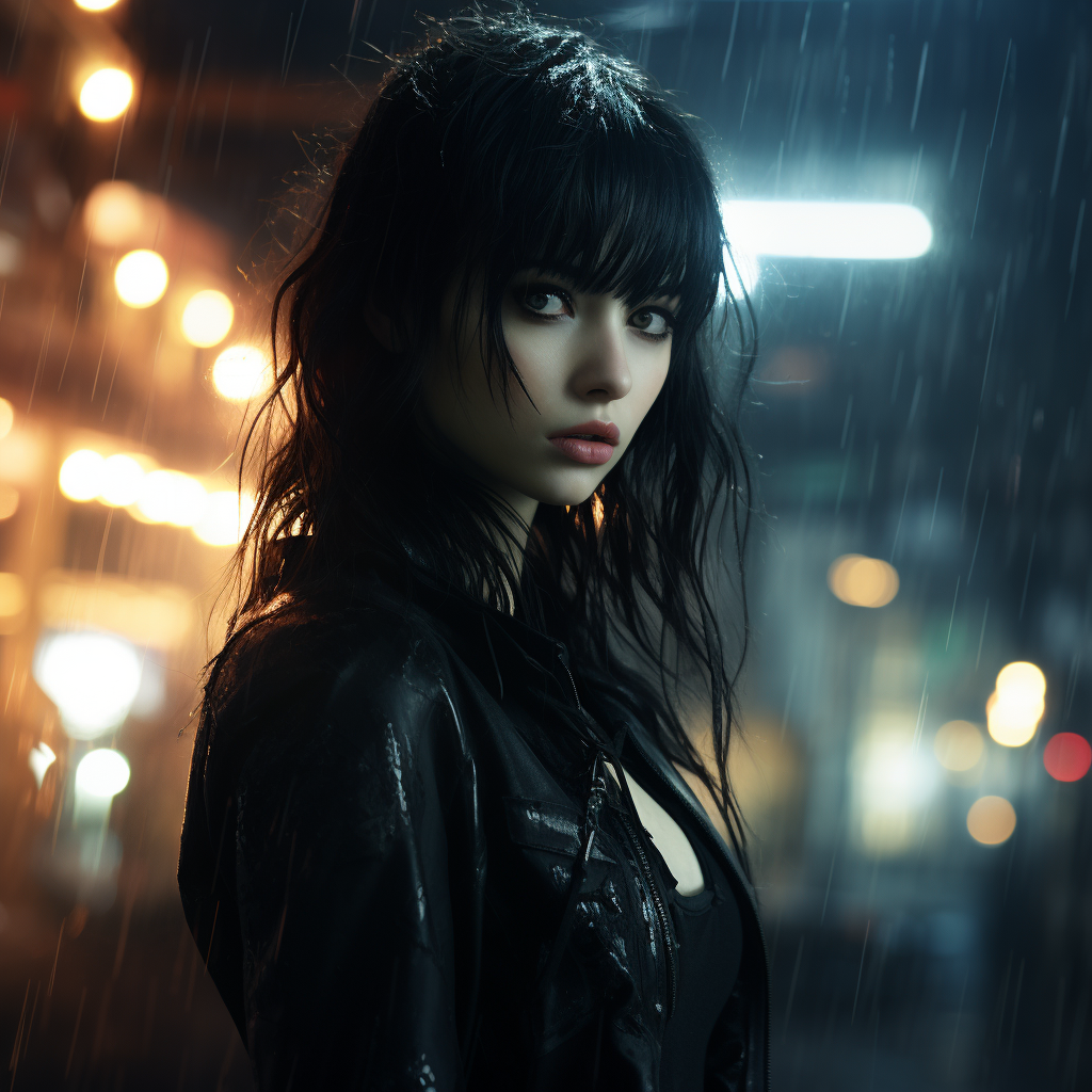 AI generated: Jessica in the rainy night (Midjourney - Character Design)