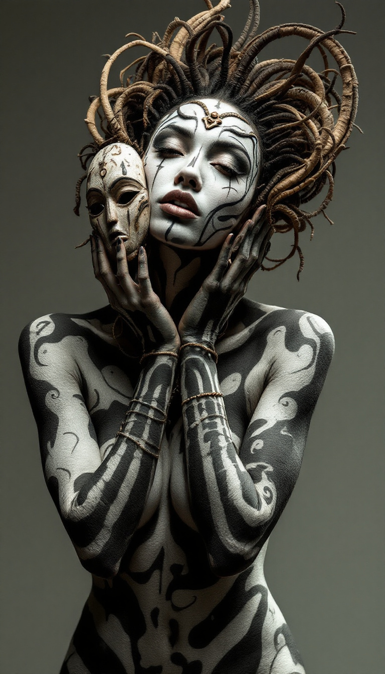 صورة مولدة بالذكاء الاصطناعي: FLUX prompt: Body Painting, Organic Forms, Skin as Canvas, Prim... (نموذج FLUX - صور شخصية)