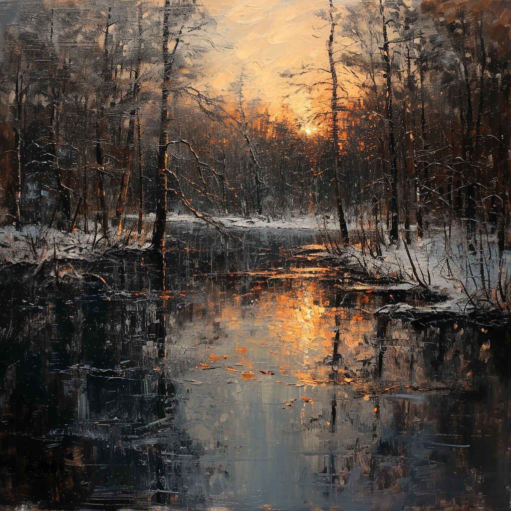 AI generated: Midjourney prompt: Sunrises and sunsets Winter lake in Belarus,ugly, ... (Midjourney - Concept Art)