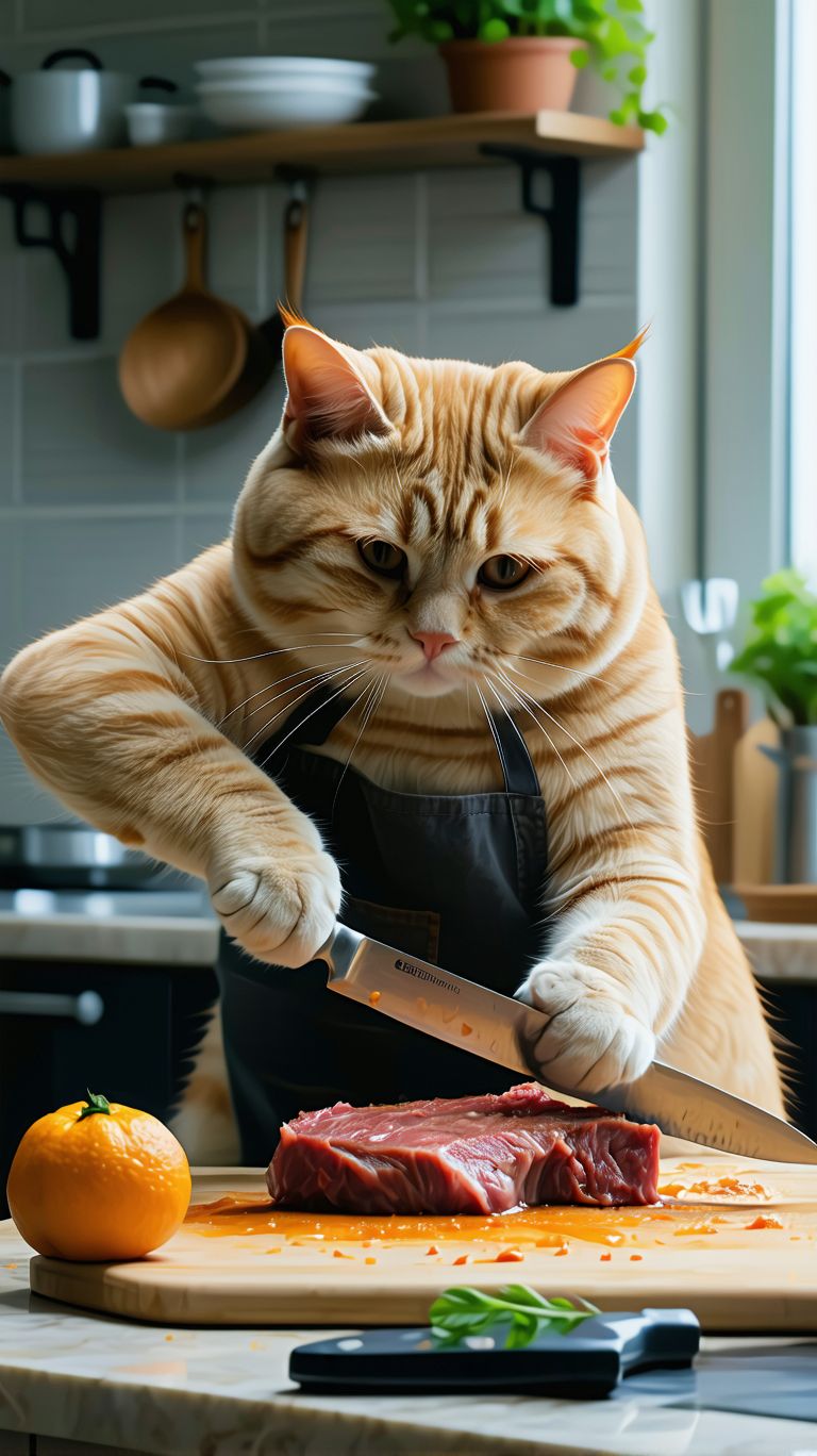 صورة مولدة بالذكاء الاصطناعي: Stable Diffusion prompt: Orange lazy cute fat cat is cutting a steak in the (نموذج Stable Diffusion - تصميم داخلي)