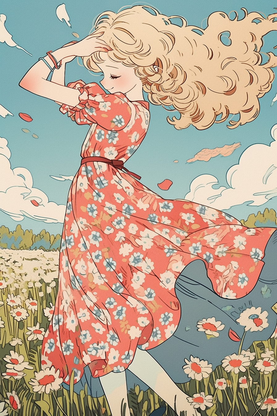 AI generated: Midjourney prompt: a young girl with curly blonde hair and bright blu... (Midjourney - Anime)