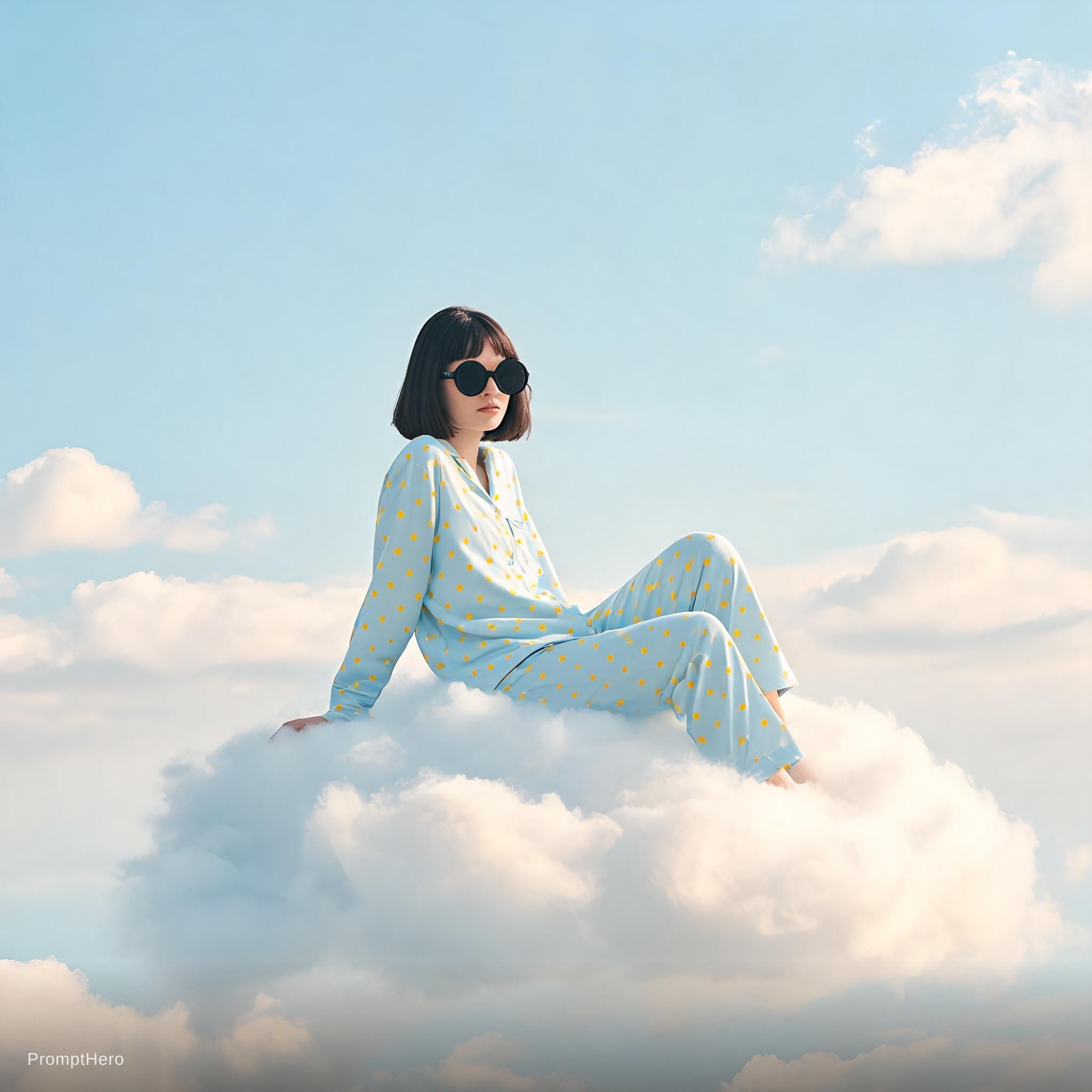 طلب Seedream 5: صورة لامرأة غريبة الأطوار تجلس فوق غيوم بيضاء... - Seedream 5