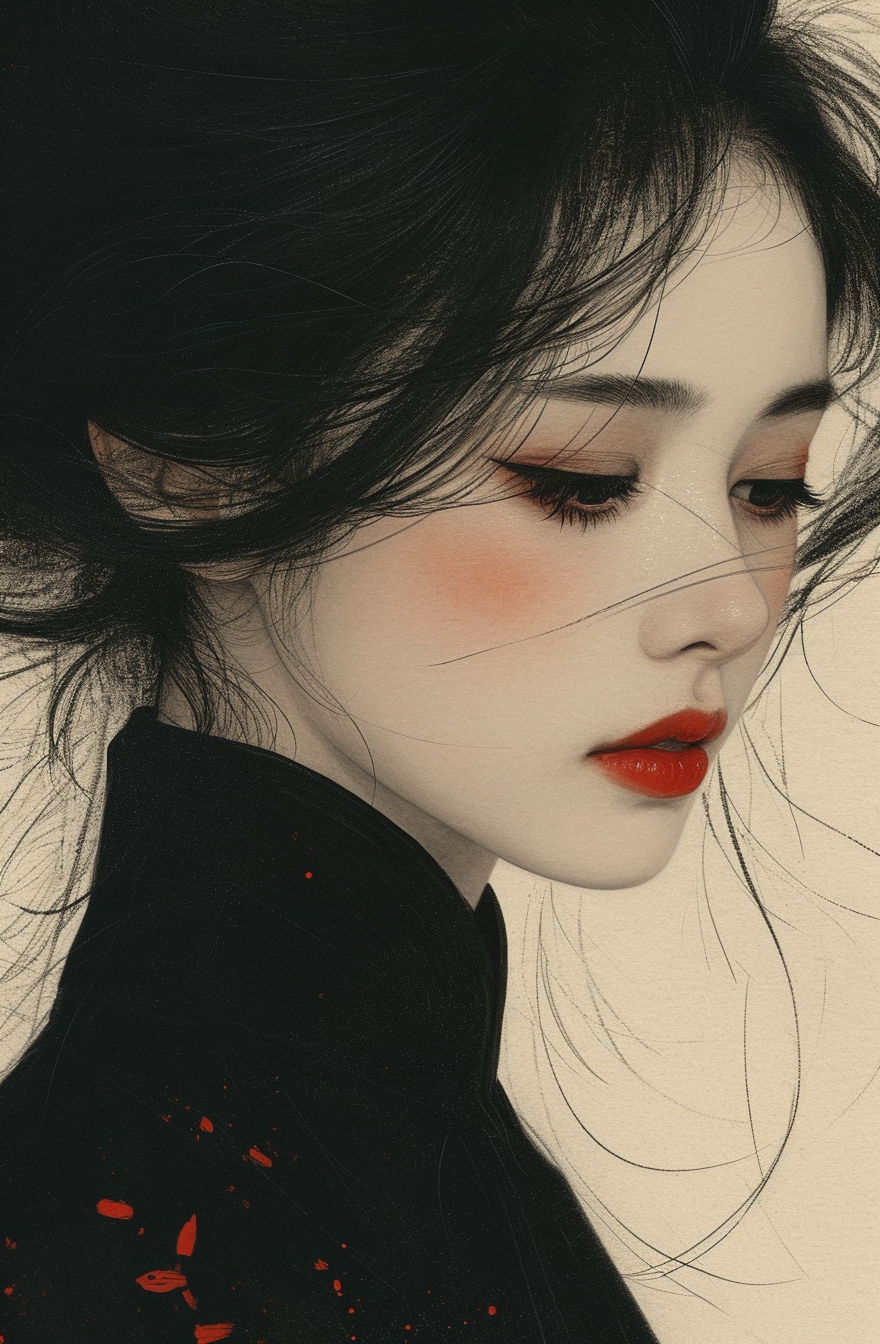 Midjourney prompt: woman in black and white kimochiki illustration, i... - Midjourney