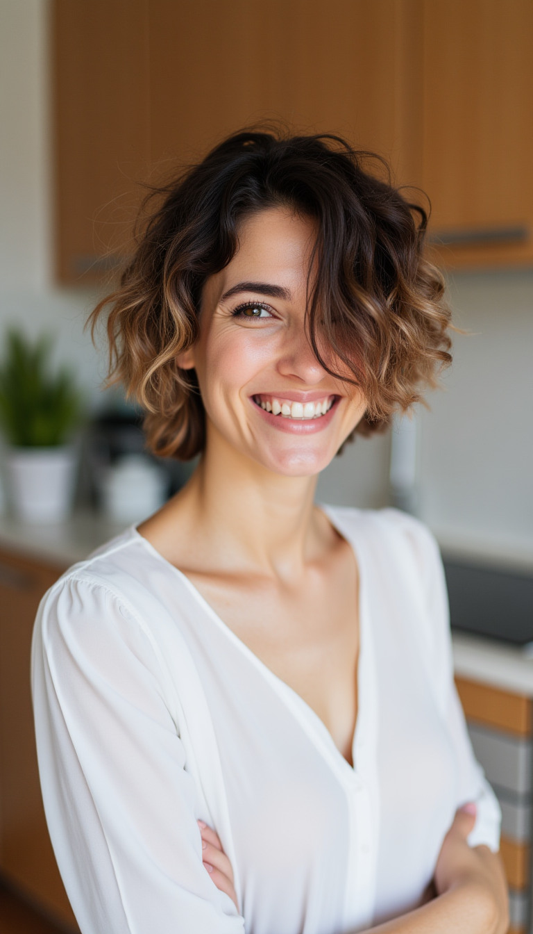 AI generated: FLUX prompt: 25 year old fit woman, short brunette hair, curly ... (FLUX - Photography)
