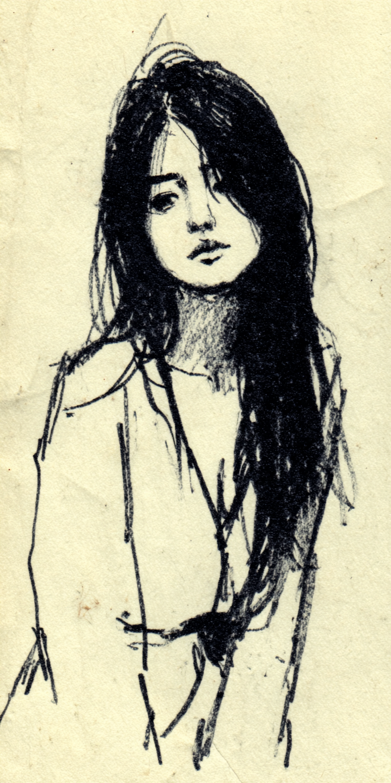 AI generated: Midjourney prompt: A hand-drawn illustration of a woman with long bla... (Midjourney - Portraits)
