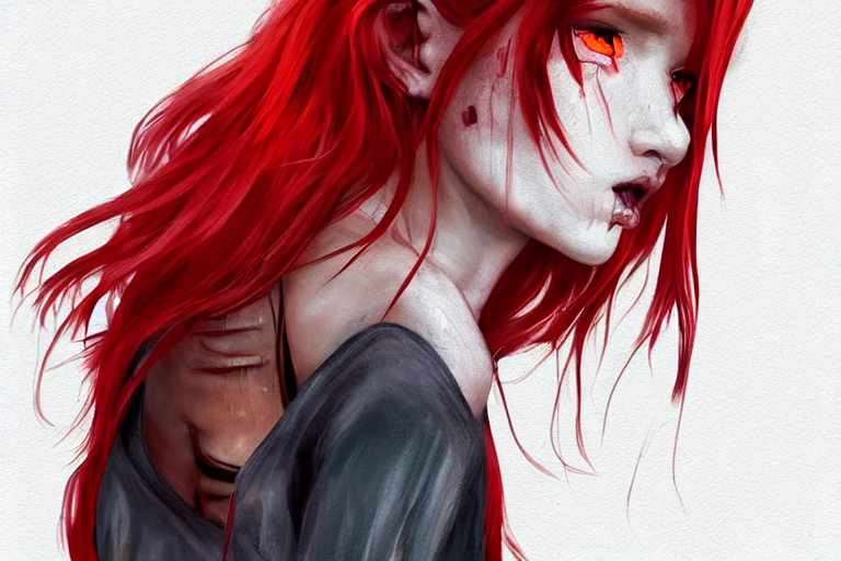 Stable Diffusion prompt: witch woman, red hair obscures f...